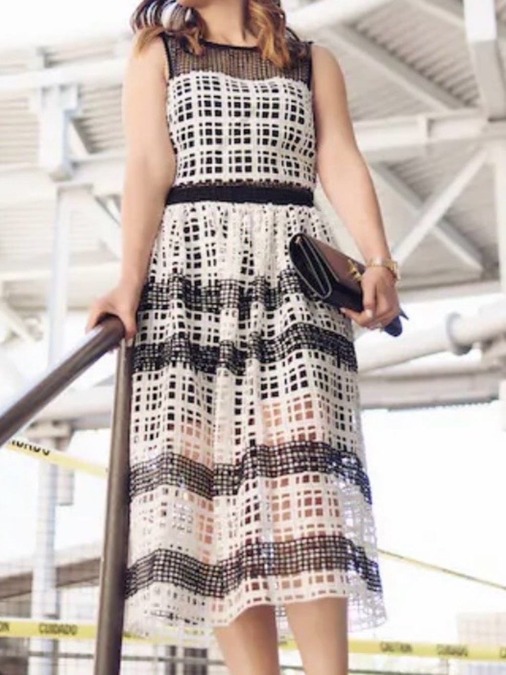 Just me- Black & White Mesh Fit-and-Flare Dress